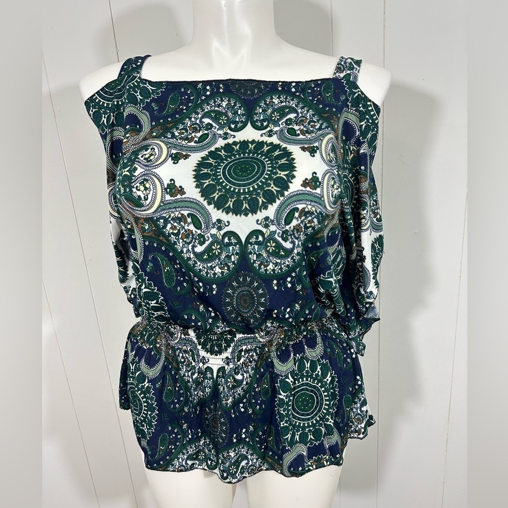 NEW Jon & Anna Top Sz L Blue Cold Shoulder Short Sleeve Casual Elastic Waist